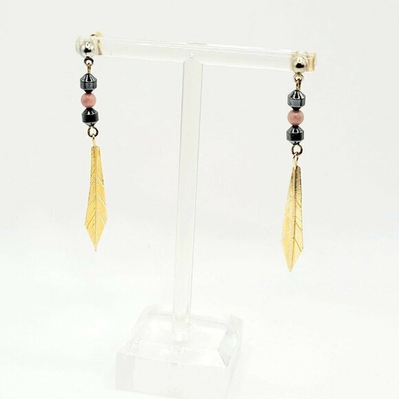 Artisan Native American Style Earrings Gold Tone Hematite Golden Feather 2..25" - Picture 2 of 6